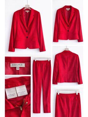 Kasper 2 PC Womens Red Polyester Spandex PantSuit Two-Button Closure